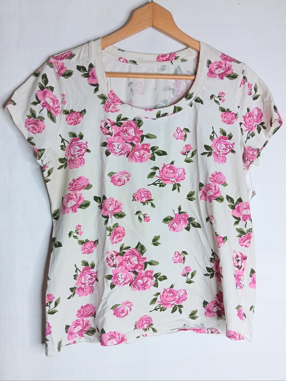 Preswick & Moore Large Flower T-shirt White Pink Short Sleeve Stretch Women's